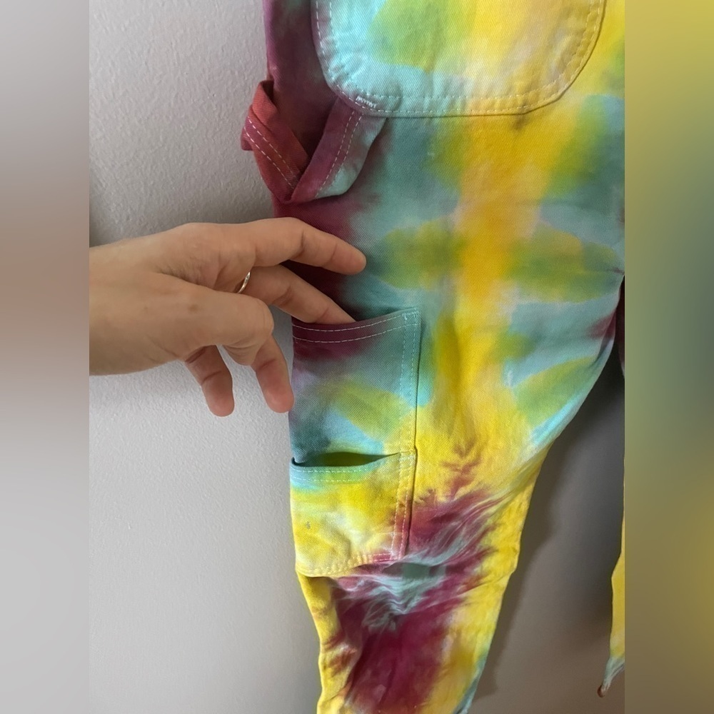 Upcycled Men's Rainbow Tie Dye Dickies Cargo Painter Jeans 30x30 Festival Rave - Picture 8 of 11